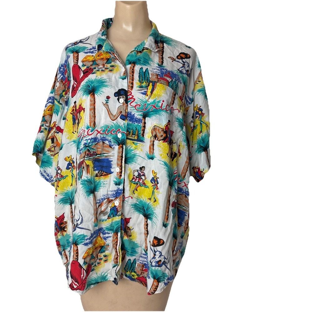 Vintage Mexx Emanuelle Button up shirt Novelty Print Large Mexico AOP top rayon